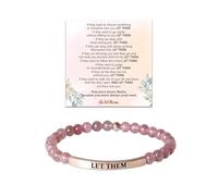 Let Them Bead Lettering Bracelet, Gemstones Stainless Steel Engraved Bracelet, Stretch Beaded Inspirational Bracelets,Personalized Encouragement Gift for Yourself Sisters (Pink)