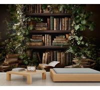 L'étagère de livres vintage avec muraux muraux de vignes vertes, décoration bohème littéraire pour salon et bureau à domicile, grand papier peint amovible 250x195cm (Non autocollant)
