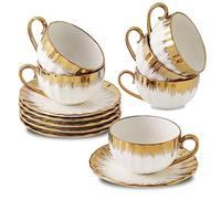 LETAOTAO Lot de 6 tasses à cappuccino avec soucoupes, tasses à expresso doubles en porcelaine de 200 ml, tasses à café turc en céramique avec bordure dorée, tasses à café pour latte, moka, au lait,