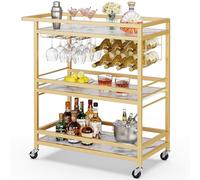 Leteuke Chariot de bar pour la maison, chariot de service à roulettes doré à 3 niveaux avec roulettes, chariot à boissons, support à liqueur avec étagères en bois marbré, casier à vin et porte-verre
