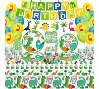 Letnerny-162 Pièces De Fête D'anniversaire Sur Le Thème Des Dinosaures - Bannières Happy Birthday, Assiettes, Nappes, Tasses, Serviettes, Décoration T-Rex Pour 20 Invités