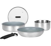 Letnerny-716744 Batterie De Cuisine Inox 5 Pcs 1 Manche Amovible, 1 Casserole Ø18cm, 1 Poêle Ø28cm, 1 Sauteuse Ø24cm, 1 Couv Verre - Revêtement Antiadhésif Sain En Céramique - Tous Feux Dont Inductio