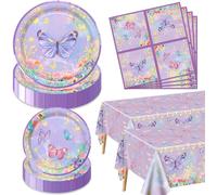 Letnerny-Lot De 122 Décorations D'anniversaire En Forme De Papillon ¿ Assiettes, Serviettes Et Nappe Papillon Violet Pour Fête D'anniversaire Féerique, Pour 40 Personnes