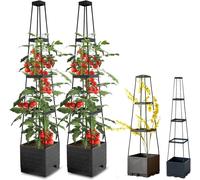LETNERNY-Lot De 2 Jardinières Surélevées Avec Treillis, Métal Obélisque Avec Jardinière Pour Plantes Grimpantes, Cadeau Jardinière Surélevée En Plastique, Noir
