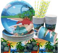 Letnerny-Lot De 62 Ustensiles De Fête Dinosaures - Décoration De Fête D'anniversaire - Thème Forêt Tropicale - Nappe - Assiettes De 20 Cm - Gobelets Et Pailles Pour 20 Invités