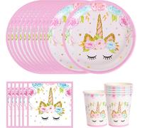 Letnerny-Lot De Vaisselle De Fête Licorne Pour 16 Invités - Assiettes Licorne Rose - Décoration De Fête D'anniversaire - Assiettes, Gobelets, Serviettes Pour Enfants
