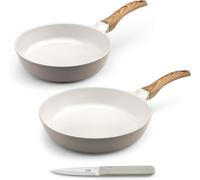 Letnerny-Mythic - Set Cuisson Et Coutellerie - Pôele 24/28 Cm, Couteau Office - Revêtement En Céramique Blanche - Poignée Fixe Soft Touch Effet Bois - Sans Pfoa Et Pfas