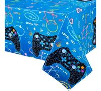 LETNERNY-Nappe De Jeu Vidéo - 2 Pcs Décorations De Fête De Jeu Bleues Nappe Rectangulaire Game On Level Up Pour Garçons Enfants Gamer Soirée De Game Cadeaux De Fête 137 X 274 Cm