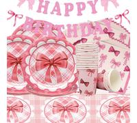 Letnerny-Vaisselle De Fête Avec N?Ud Rose-Set,61pcs Vaisselle D'anniversaire Assiettes,Tasses,Serviettes,Nappes Vaisselle Pour Fêtes D'anniversaire De Filles Mariage Baby Shower-20 Personnes