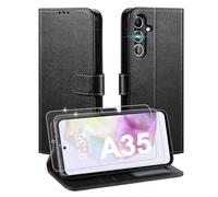 LETREEN Coque pour Samsung Galaxy A35 avec Verre Trempé, étui Cuir PU Magnétique, Housse de Fonction Stand Video Porte Carte Credit à Rabat pour Samsung A35 5G/4G - Noir