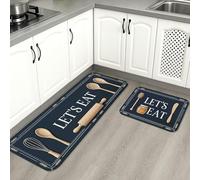 Let's Eat - Lot de 2 tapis de cuisine pour sol, motif ustensiles en bois rustiques, doux, rembourrés et lavables pour éviers de cuisine, buanderie, salle de bain