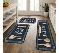 Let's Eat - Lot de 3 tapis de cuisine pour sol, motif ustensiles en bois rustiques, doux, rembourrés et lavables pour éviers de cuisine, buanderie, salle de bain
