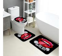 Let'S Get Wild Lot de 3 tapis de salle de bain en flanelle, motif lèvres audacieuses, absorbants, antidérapants, lavables en forme de U, noir glamour