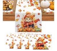 Lets Joy 1PCS Chemin de Table d'automne, 4PCS Sets de Table d'automne, Chat Citrouilles Feuilles d'érable Automne, Saisonnier Chemin de Table et Sets de Table Décoration Thanksgiving
