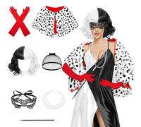 Lets Joy Cruella Costume, Cruella Deguisement Femme avec Perruque Courte Noire Blanche, Châle, Dentelle Masque, Gants, Collier de Perles et Bonnet de Perruque, 70s Accessoires Cosplay pour Carnaval
