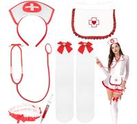 Lets Joy Infirmières Cosplay Déguisements, 7PCS Costume infirmière Accessoires Set, avec Serre-tête, Stéthoscope, Jarretière et Stylo à Seringue, Rouge et Blanc Costume d'infirmière d'Halloween