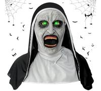 Lets Joy Masque d'Halloween, Masque Halloween Nonne, Masque la Honne avec lumières Vert, Masque d'horreur en Latex pour Halloween, Masque Deguisement Adulte Nonne Horreur Party Carnaval (A)
