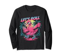 Lets Roll Retro Flamingo on Roller Skates Sunset Vibes Manche Longue