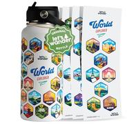 LET'S WANDER Bouteille d'eau World Explorer Adventure avec 50 autocollants étanches - 946 ml - Bouteille isotherme étanche en acier inoxydable avec paille - Bouteille cadeau pour objectif de voyage