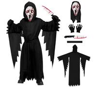 LETSHOLD Déguisement Screm Halloween Enfant, Ghost Face Costume avec Masque et Faux Couteau, Scary Movie Costume Set pour Fête d'Halloween Carnaval Cosplay (Enfant-L)