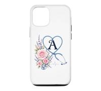 Letter A Initial Monogram Nurse Pink Roses Heart Stethoscope Coque pour iPhone 12/12 Pro