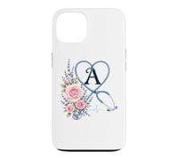 Letter A Initial Monogram Nurse Pink Roses Heart Stethoscope Coque pour iPhone 13