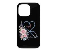 Letter A Initial Monogram Nurse Pink Roses Heart Stethoscope Coque pour iPhone 13 Pro