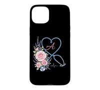 Letter A Initial Monogram Nurse Pink Roses Heart Stethoscope Coque pour iPhone 15 Plus