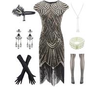Letter Love Robe de cocktail vintage en dentelle à franges Gatsby années 1920 avec ensemble d'accessoires des années 20 pour femme, noir/doré, Small