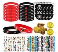 LETTERASHQP 70 décorations d'anniversaire pour enfants - Bracelet pirate - Bracelet en silicone pour enfants - Pièces de pirate - Tatouages pour garçons et filles