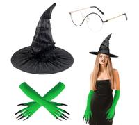 LETTERASHQP Costume de sorcière pour femme - Chapeau de sorcière - Accessoires de costume d'Elphaba - Chapeau de sorcière - Lunettes vertes - Gants pour Halloween, carnaval, cosplay, fête