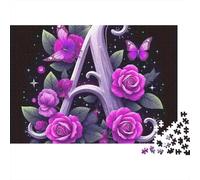 Lettre A Fleurs Violettes Puzzle 1000 Pièces Papier Puzzle pour Adultes Papillon Détente Maison Cadeau 52x38cm/1000pcs