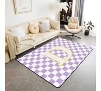 Lettre initiale D Tapis de salon 150 x 200 cm Motif damier blanc violet Tapis de chambre à coucher pour garçons et filles Monogramme personnalisé esthétique Tendance Tapis de sol Décoration