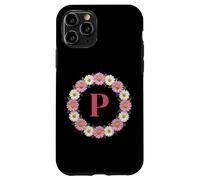 Lettre Initiale P - Couronne de Marguerites Roses et Blanches - Monogramme Coque pour iPhone 11 Pro