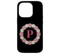 Lettre Initiale P - Couronne de Marguerites Roses et Blanches - Monogramme Coque pour iPhone 14 Pro