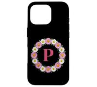 Lettre Initiale P - Couronne de Marguerites Roses et Blanches - Monogramme Coque pour iPhone 16 Pro