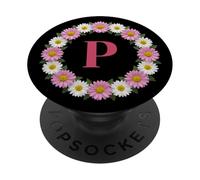 Lettre Initiale P - Couronne de Marguerites Roses et Blanches - Monogramme PopSockets PopGrip Adhésif