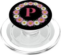 Lettre Initiale P - Couronne de Marguerites Roses et Blanches - Monogramme PopSockets PopGrip pour MagSafe