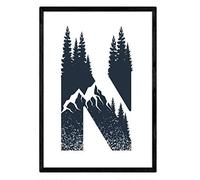 Lettre N avec la forêt et les montagnes. Naturaleza.Posters de lettres avec la conception. format A3 unframed