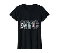 Lettres de New York : Skyline, Statue de la Liberté, Pont de Brooklyn T-Shirt Graphique avec Valeur, Femme, Noir, XS