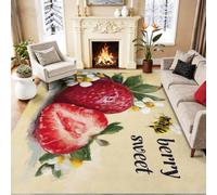 Lettres Fruits Fraise Fleurs Abeille Imprimé Décoration Tapis | 120 x 170 cm, Lavable Antidérapant Poil Court Tapis, Cartoon Moderne Style, Doux et Moelleux Jaune Pour Chambre
