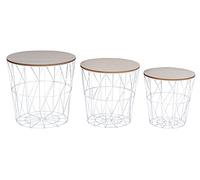 levandeo Lot de 3 tables d'appoint en métal avec panier métallique - Blanc naturel - Table basse avec couvercle de rangement - Table décorative