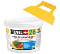 Level Plus Lot de 26 tubes de colle vinyle PVC LVT CV Panneaux Tapis 12 kg Revêtement de sol en vinyle flexible Colle de sol sans solvant Adhérence rapide + Kit de spatules à dents triangulaires