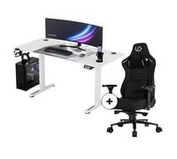 Level V2, Bureau électrique réglable 140x68 cm, gaming/télétravail, tapis XL, fauteuil Throne, blanc, Ultradesk