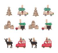 Levemolo 12pièces Clips Bois Décoratifs De Noël Supports à Message avec Thème Festif pour Décorations Et Photos