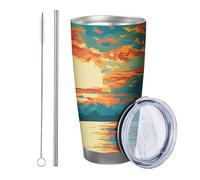 Lever de soleil avec couvercle et paille - Gobelet abstrait bohème - Lac - Nuage - Paysage artistique - Beau paysage - Bleu et orange - Isotherme - Sans déversement - Pour pique-nique, gym, café, 590