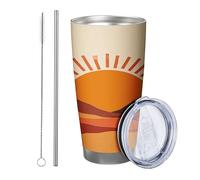 Lever de soleil avec couvercle et paille gobelet bohème abstrait paysage de montagne soleil esthétique artistique orange marron isotherme sans déversement cour pique-nique gym café tasse à café 590 ml