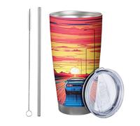 Lever de soleil avec couvercle - Scène artistique de voiture abstraite - Esthétique - Beau lampadaire de ville - Orange et bleu - Isotherme en métal - Refroidisseur de canettes - Sans pied - Double