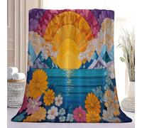 Lever De Soleil Fleurs Mer Respirante Flanelle Couverture pour Enfants, Multicolore Imprimée Confortable et Douce Couverture, Vintage Rustique Couverture de Lit Canapé Camping Chaise, 150 x 200 cm