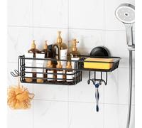 LEVERLOC Étagère de douche à ventouse avec crochets et porte-savon - Organiseur de douche robuste - Charge maximale de 10 kg - Amovible - Pour shampooing et accessoires - Panier en acier inoxydable